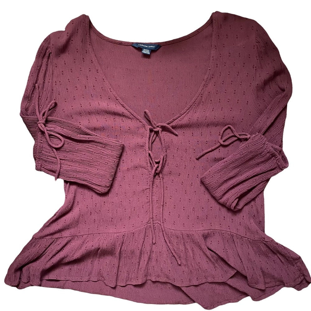 American Eagle Burgundy Lace Up Flowy Peplum Long Sleeve Shirt Blouse Medium